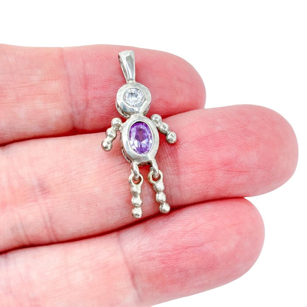 Vintage Sterling Silver Purple Cubic Zirconia Girl Articulating Charm Pendant